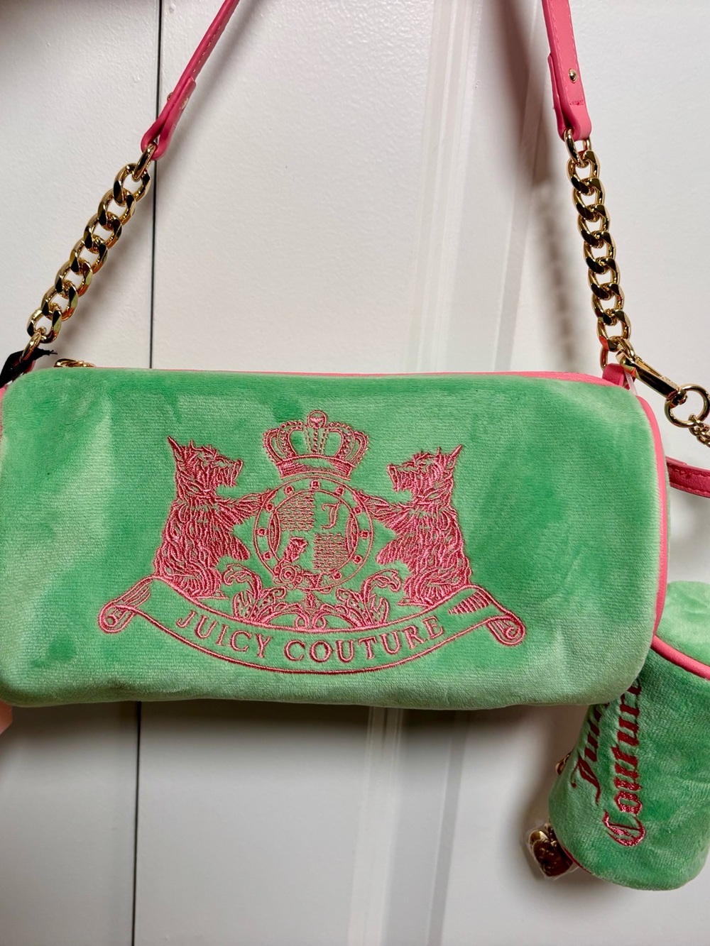 Juicy Couture Retro Green/Hot Pink Velour Barrel Satchel Handbag